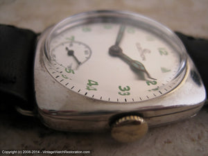 Large Early Election Sterling Silver Case with Fabulous Green Lume Number Dial, Manual, Large 33x38mm