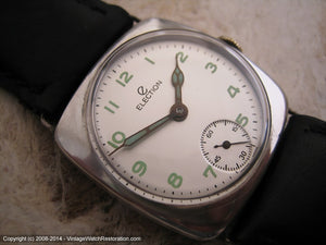 Large Early Election Sterling Silver Case with Fabulous Green Lume Number Dial, Manual, Large 33x38mm