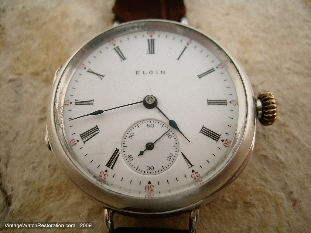 Perfect Early Porcelain Silver Elgin with Fine Roman Numerals, Manual, Large 35mm