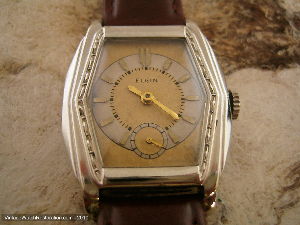 Two Toned Gold-Ivory Elgin with Tonneau-Tank Case, Manual, 29x38mm