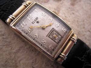Elgin Early Model with Silvery Aged Dial and Scrolled Lugs, Manual, 20x35mm