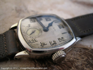 Early Elgin Square Tonneau with Period Gray Stitched Calfskin Strap, Manual, 27x35mm