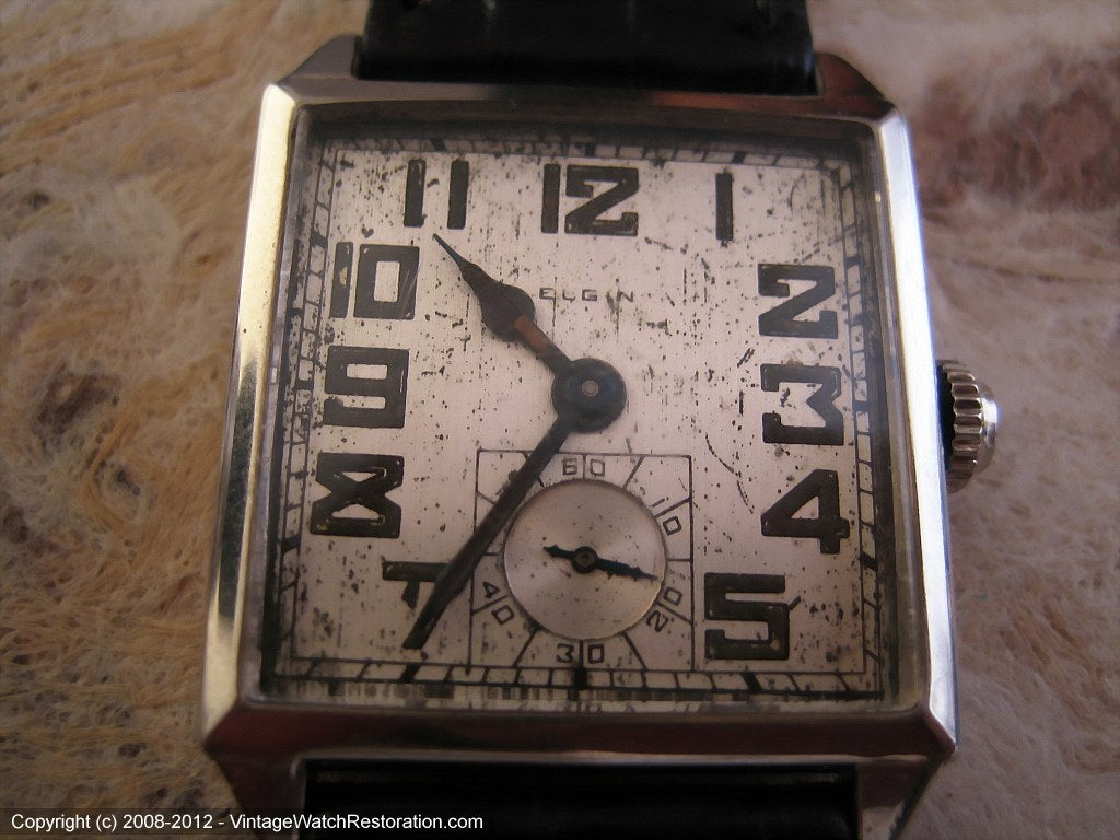Early Very Large Square Elgin with Original Silvered Dial, Manual, 28x35mm