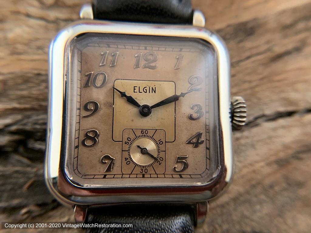 Elgin c.1929 Art Deco Two-Tone Rose Gold Dial, Rounded Square Case, Manual, 29x36mm