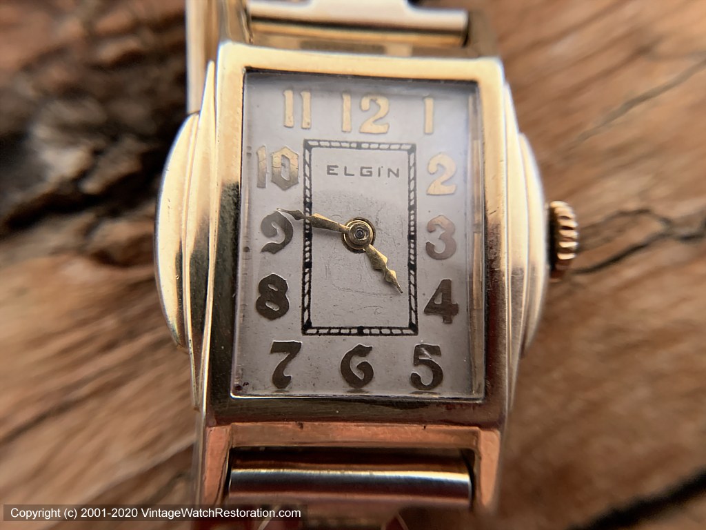 Elgin c.1921 in Stepped Case and Period Bracelet, Manual, 27x36.5mm