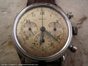 3 Register Gallet Chronograph with Original Patina Dial and Rare Excelsior Park Movement, Manual, Huge 37mm
