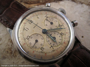 3 Register Gallet Chronograph with Original Patina Dial and Rare Excelsior Park Movement, Manual, Huge 37mm