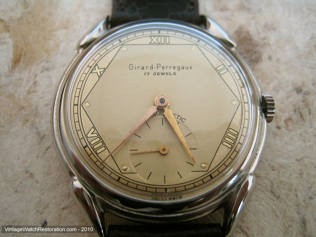 Girard-Perregaux with Champagne Colored Six Sided Design Dial, Manual, Huge 37mm
