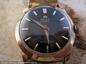 Handsome Black Dial Gruen with Red Second Sweep Hand, with Box, Automatic, 32mm