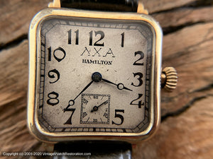 Hamilton 1940s Germanic Gothic Deco Dial with ΛΧΑ in Rounded Square Case, Manual, 28mm