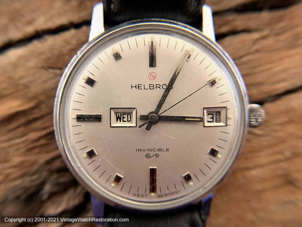 Helbros 'Invincible' Perfect Pearl Dial with Day and Date in an Unusual Layout, Manual,  35mm