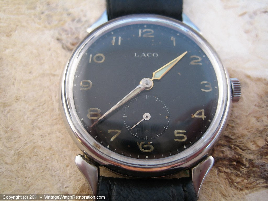 German WWII Era Military Laco with Black Dial, Manual, Large 34mm