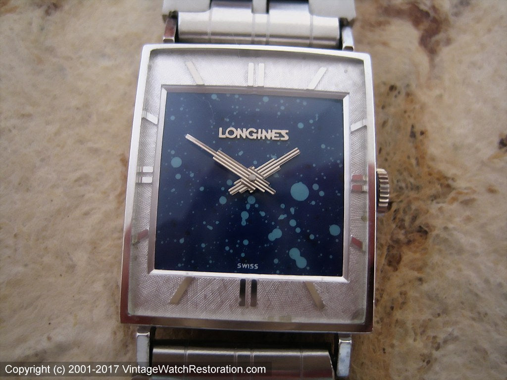 Longines Rectangular Blue Constellation Dial with Art Deco Hands, Manual, 24x28mm