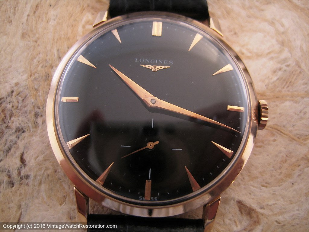 Longines 18K Rose Gold Case with Black Dial, Manual, Large 37mm