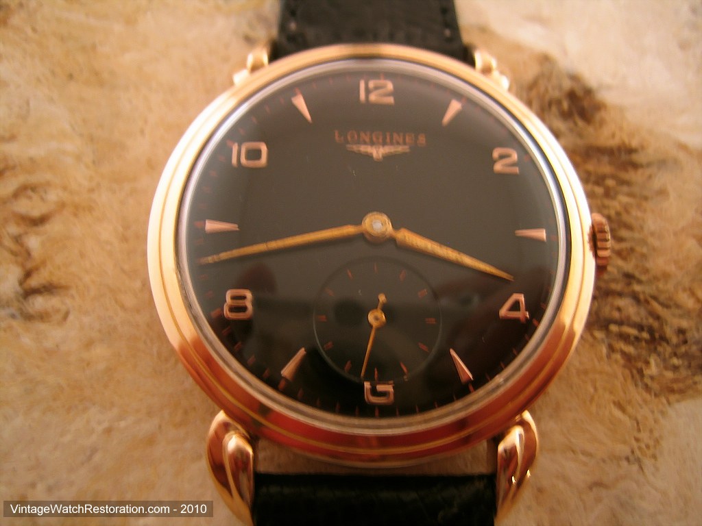 18K Gold Longines with Black Dial and Deco Lugs, Manual, Very Large 36mm