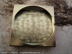 14K Gold Square Longines Roman 24-Hour Dial, Manual, 25.5x35mm