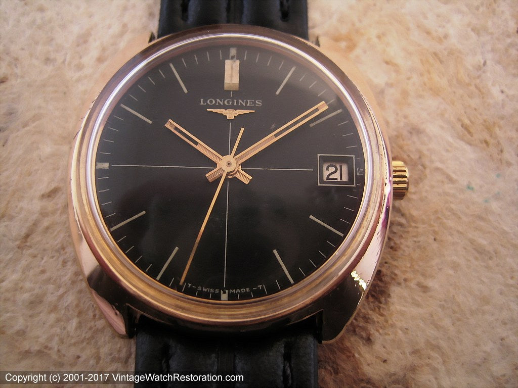 Longines Black Dial with Date in Rose Gold Case, Manual, 34x36mm