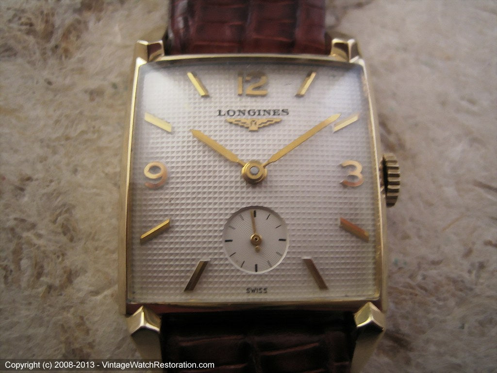 Classy Dimpled Square Longines 14K Gold with Deco Lugs, Manual, 26x38mm