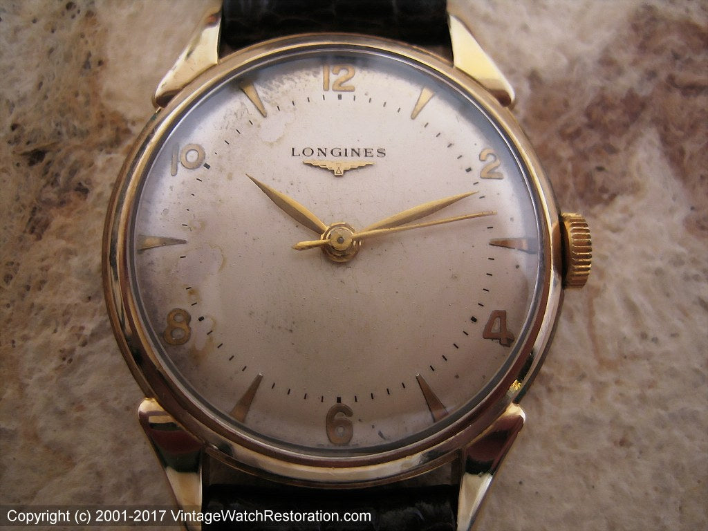 Longines Original Pearl Dial in Fabulous Case with Great Curved Lug Design, Manual, Large 34mm