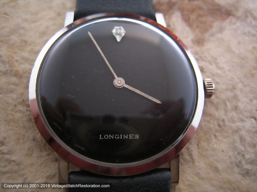 Longines Minimalistic Black Face with Diamond Marker at 12 o'clock, Manual, 33mm