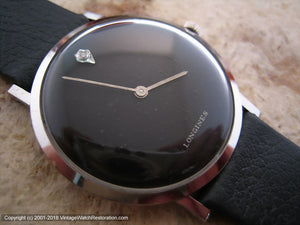 Longines Minimalistic Black Face with Diamond Marker at 12 o'clock, Manual, 33mm