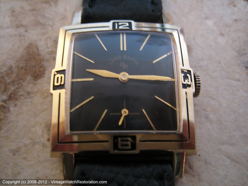 Unusual Lord Elgin Black Dial with Inlaid Numbers on Bezel, Manual, 28x37mm