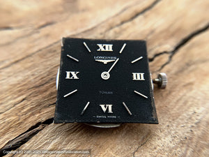 Longines 'Turler' Black Dial Roman Numerals, Square Case, Black Inset Triangular Design Bracelet, Manual, 29x29mm