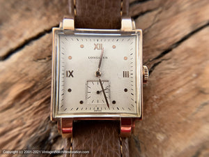 Longines 14K Gold Square Case, Double Bear Claw Lugs, Roman Numeral Dial, c.1946, Manual, 26x35mm