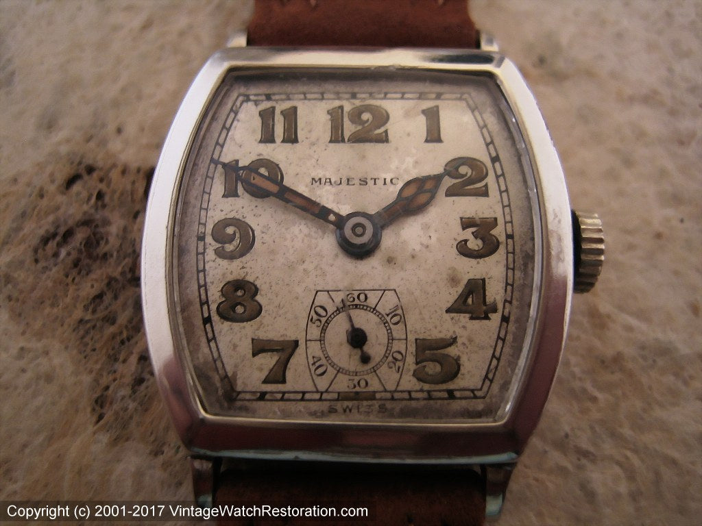 Swiss Early Majestic with Original Lumed Numbers in Tonneau Case, Manual, 27x27mm