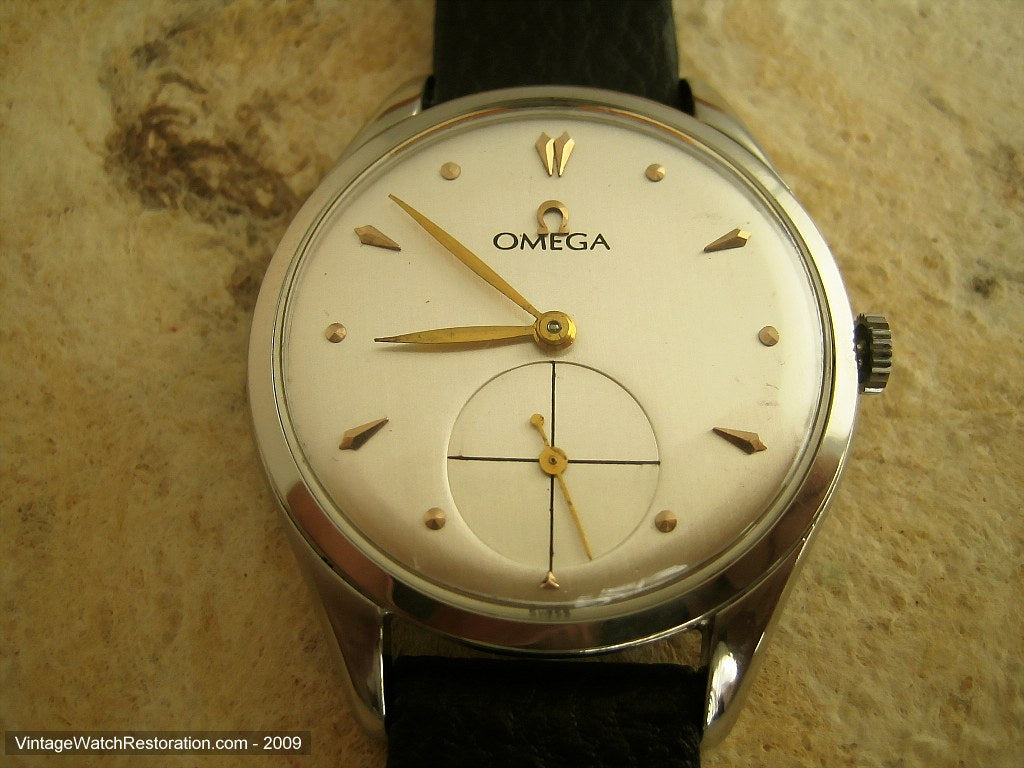 Huge Early 30T2PC Omega with Raised Gold Markers on Pearl White Dial, Manual, Huge 38.5mm