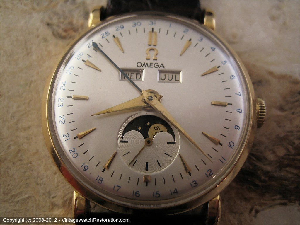 Rare 18K Gold Triple Data Omega Moonphase , Manual, Very Large 34.5mm