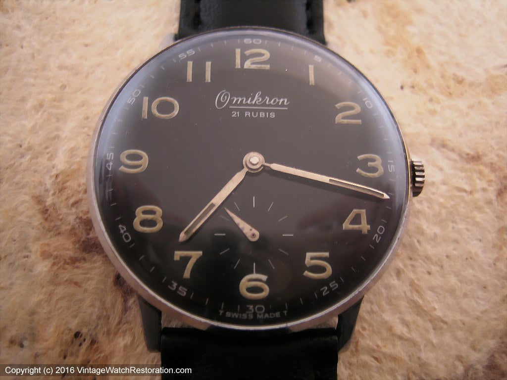Large Black Dial Omikron with Wehrmachtswerk Military Movement, Manual, Large 35mm