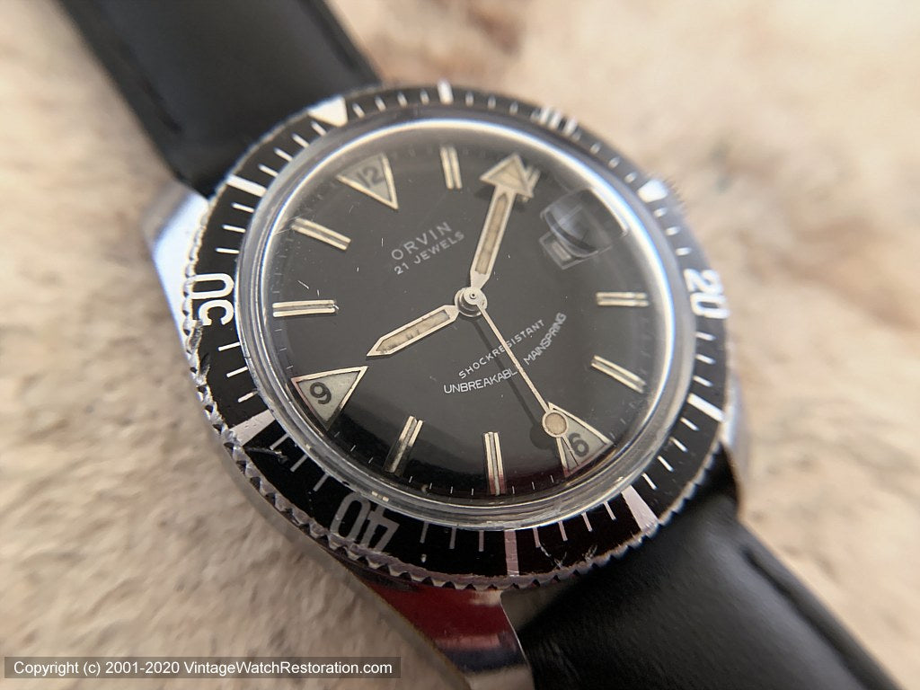 Orvin Black Dial Divers with Date, Manual, Large 35mm – Vintage Watch ...