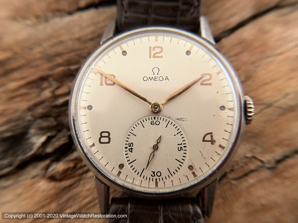 Omega Pearl White Dial Rose-Gold Numbers, Huge Case Cal 30T2 c.1944, Manual, Lg 35mm