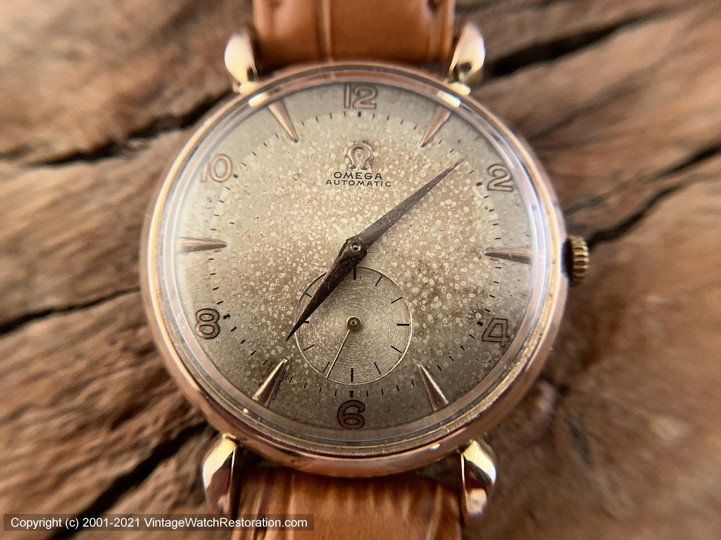 Omega c.1950 Rose Gold Bumper Cal 332 with Mind Boggling Patina Dial, Automatic, Huge 37mm