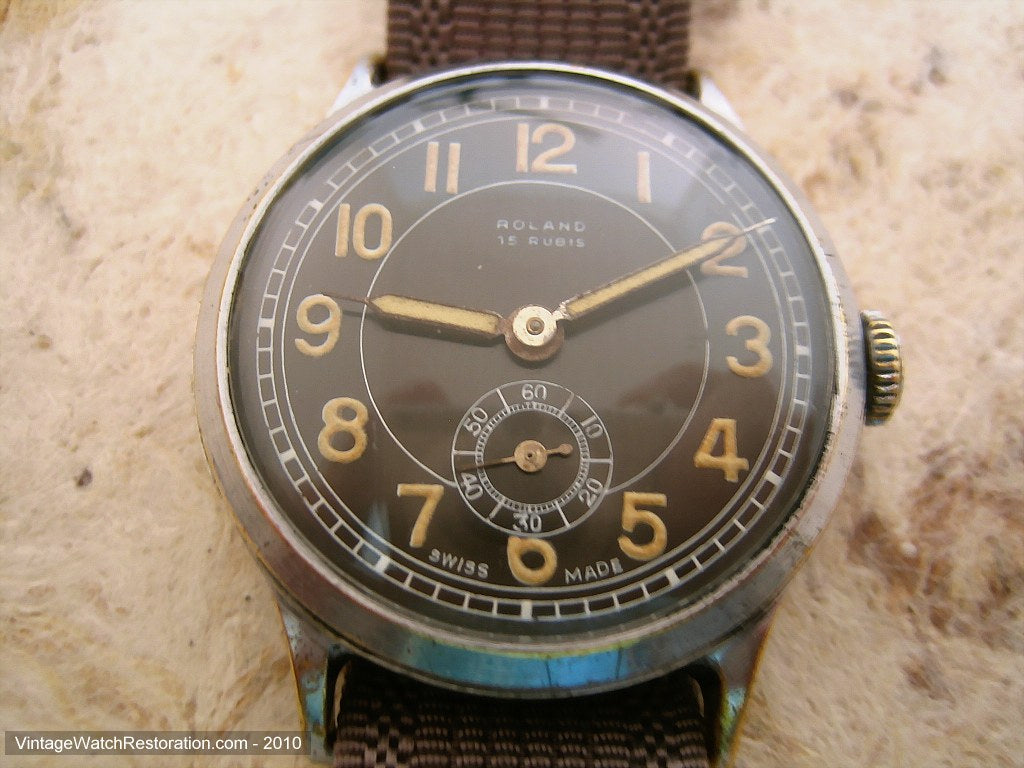 Large Original Chocolate Brown Dial Roland Military, Manual, Large 34mm