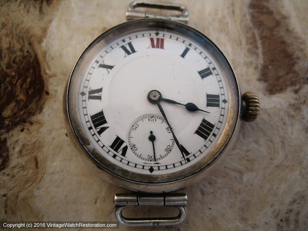 Swiss Sterling Silver WWI Trench Watch with Immaculate Porcelain