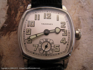 Superb Early Tavannes White Gold Filled Cushion Case, Manual, 28x34.5mm