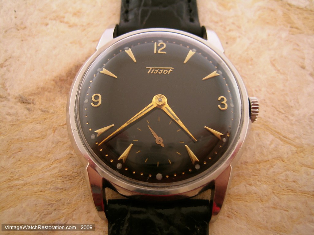 Stunning Black Tissot Stainless with Gold Markers, Manual, Very Large –  Vintage Watch Restoration