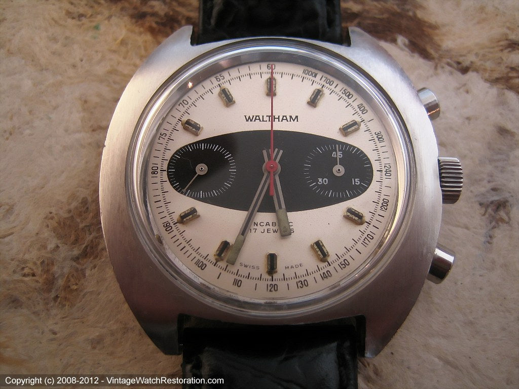 Large Beefy Tonneau Style Waltham Two Tone Chronograph, Manual