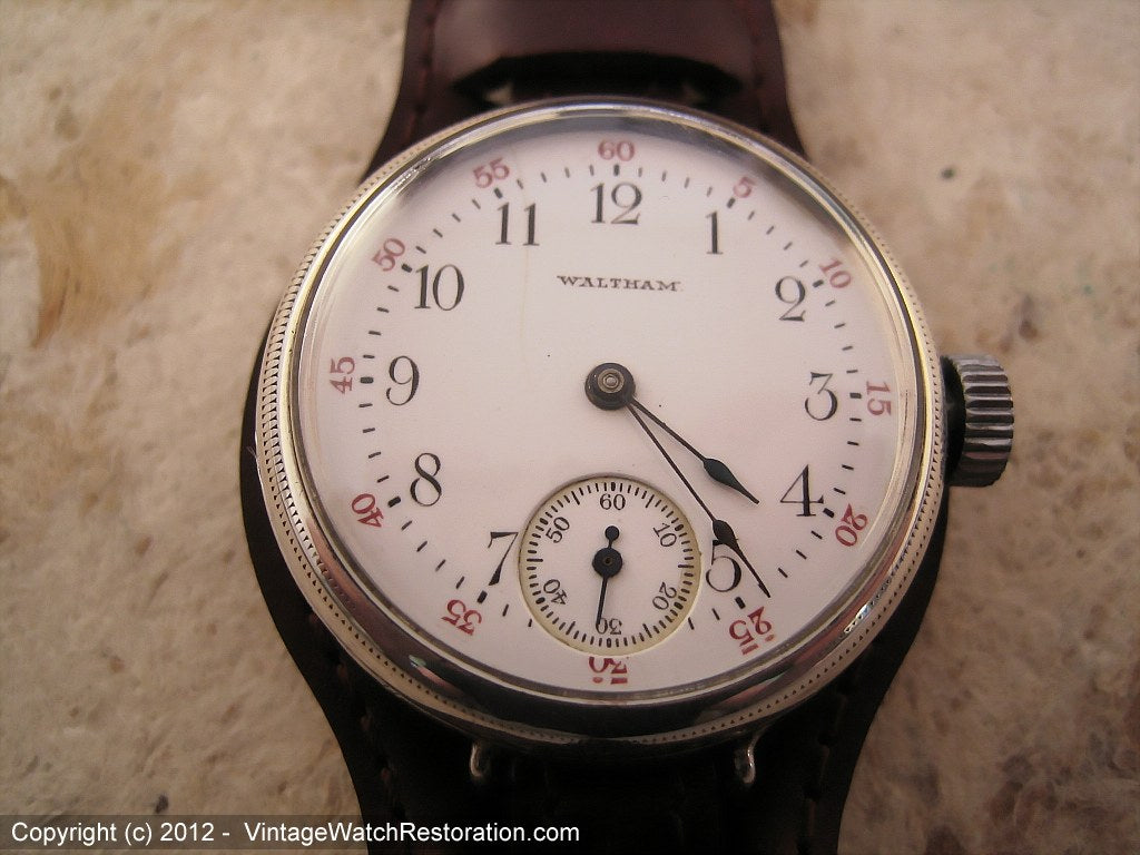Sterling Silver Case Waltham WWI Porcelain Dial with Military Style Strap, Manual, Very Large 34.5mm