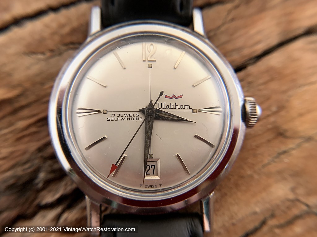 Waltham Pie Pan Silver Dial with Red Pointer Second Hand and Date at Bottom, Automatic, Large 35mm