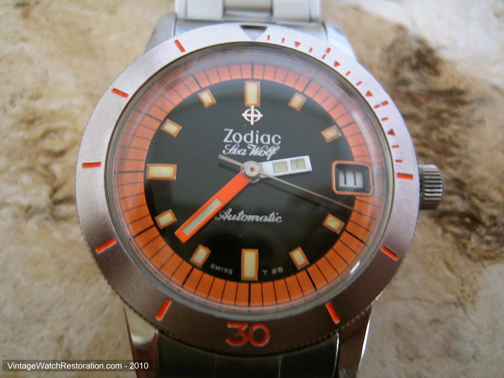 Pristine Rare Orange Dial Zodiac Sea Wolf Automatic Large 36mm