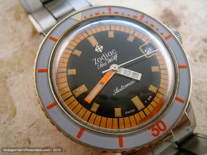 Original and Rare Orange Zodiac Seawolf with Box and Papers, Automatic, Large 36mm
